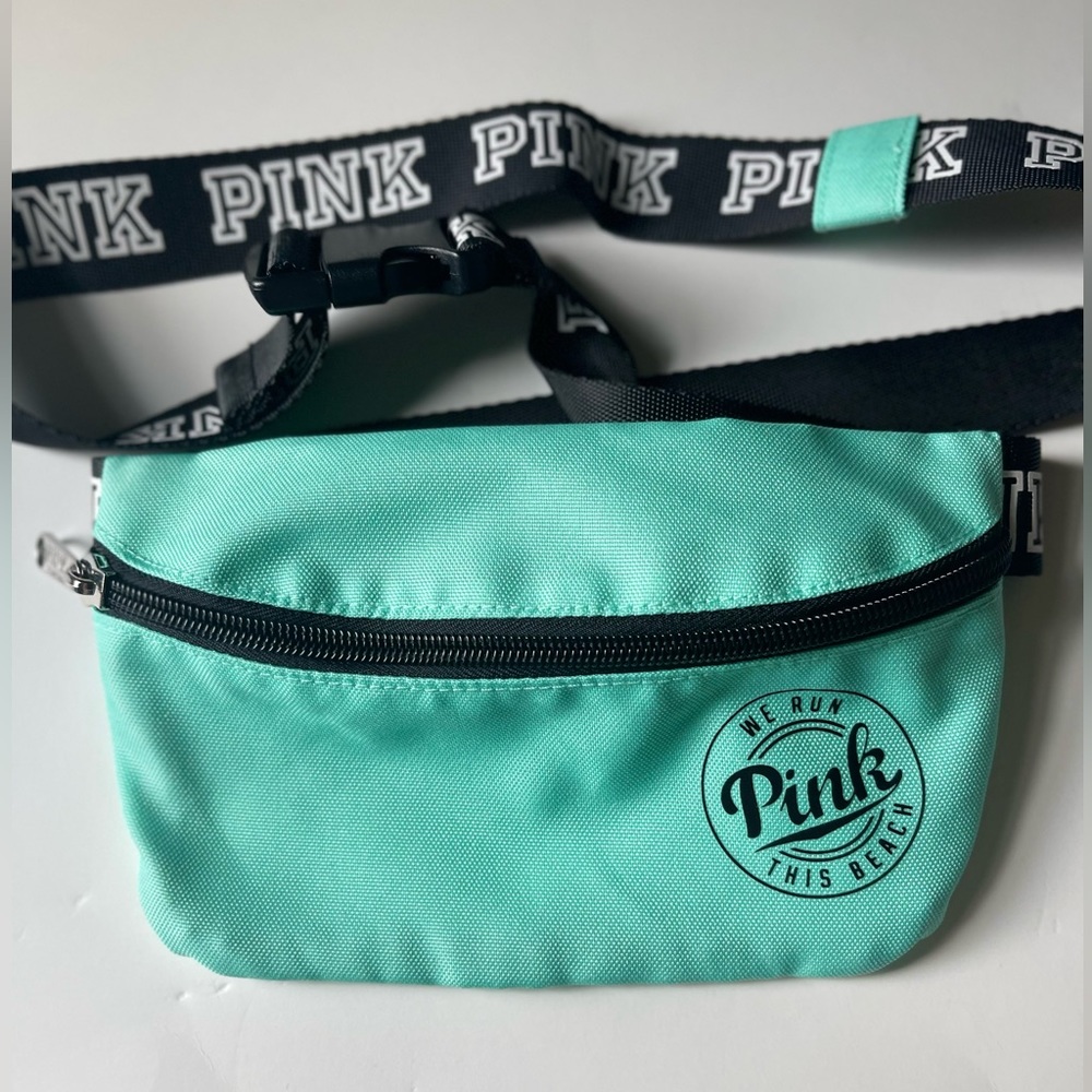 Victoria's Secret Pink Teal￼ We Run This Beach Fanny Pack Waist Bag Purse - Picture 2 of 4